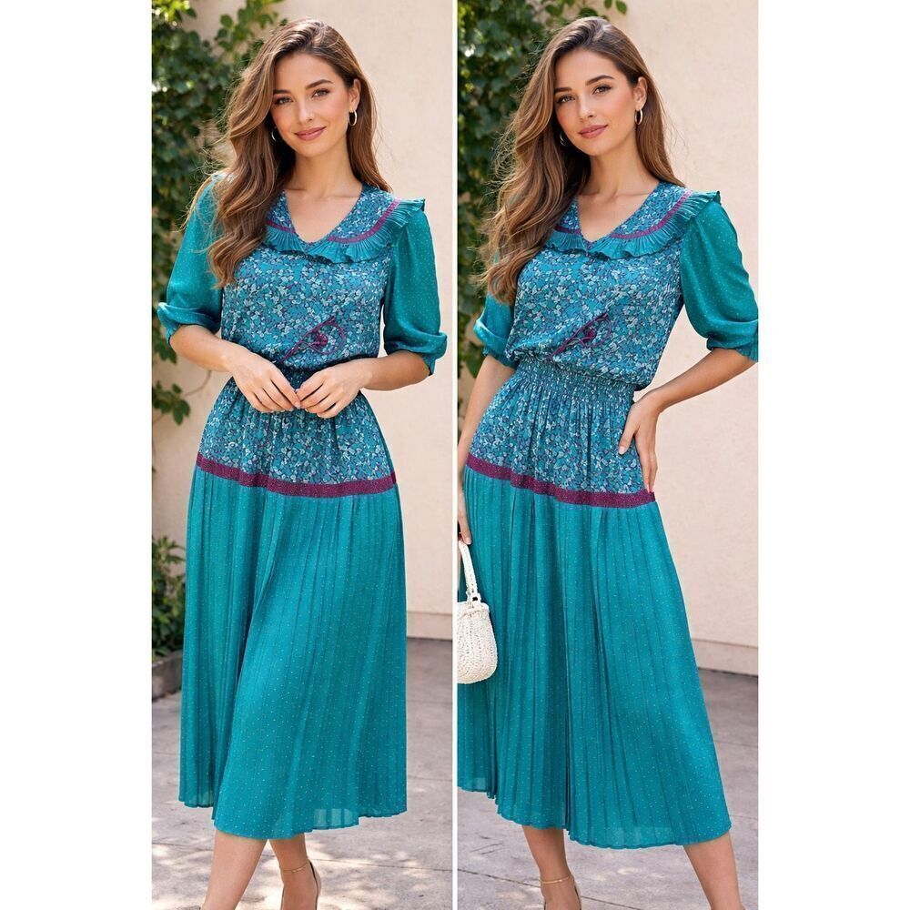 Vtg 80s Assorti for Susan Freis Womens Skirt Set S Pink Green Georgette Lined